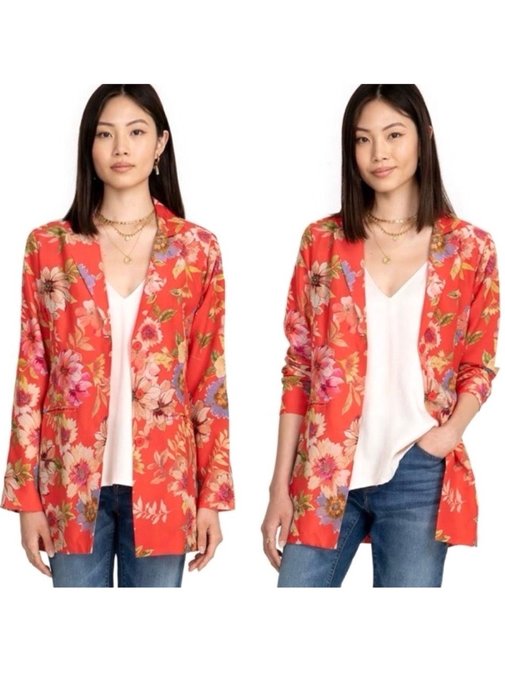 Johnny Was Fyson Blazer Coral Red Floral 3 Button Jacket Large